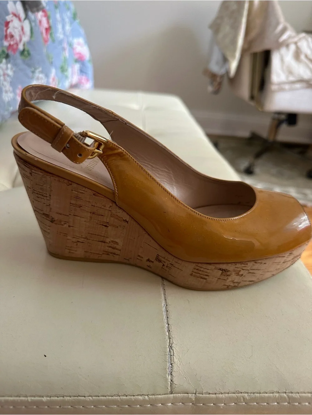 Stuart Weitzman Tan Patent Peep-Toe Slingback Wedges